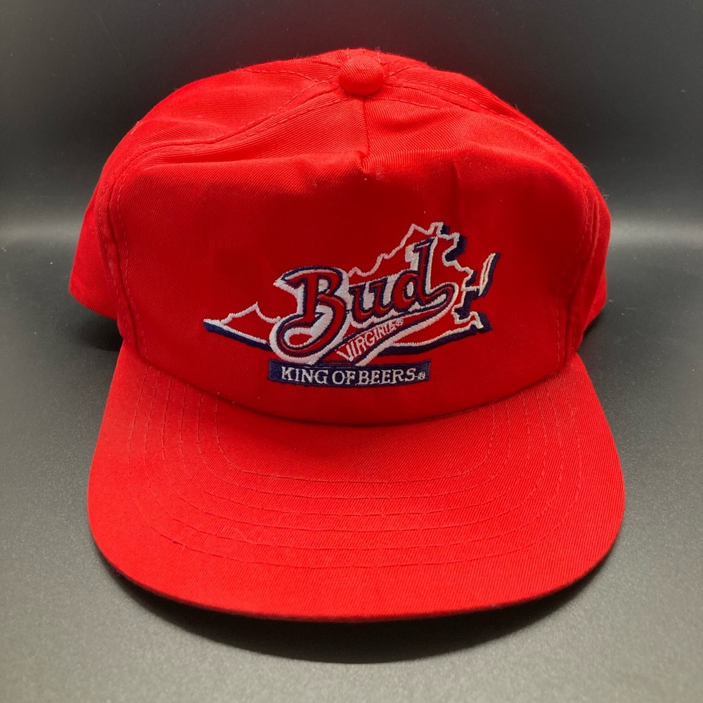 Vintage Bud Budweiser Virginia Beer Strap Back Hat Red & Black Embroidered